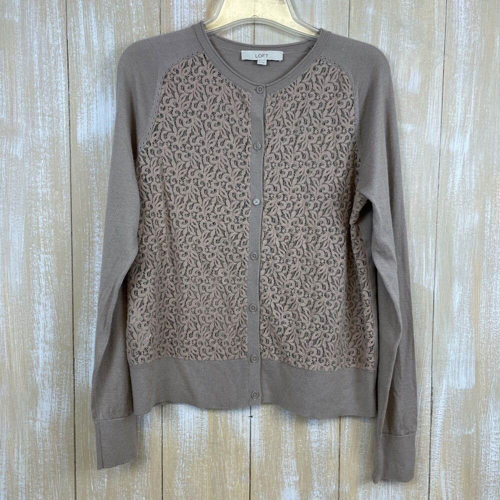 LOFT Womens Cardigan Sweater XL Lace Front Lightweight Long Sleeve Mauve Wool